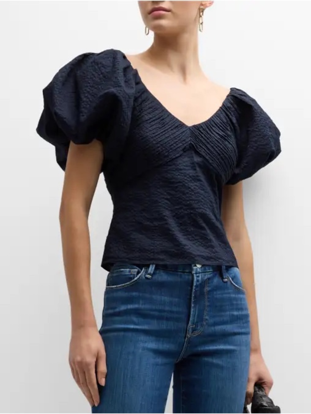FRAME Women's Navy Puff-Sleeve V-Neck Top